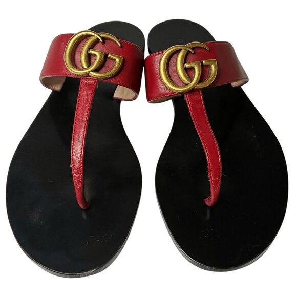 Gucci Marmont GG Logo T-Strap Thong Sandals Red Leather Flats EU 37 US 7 - Picture 2 of 11